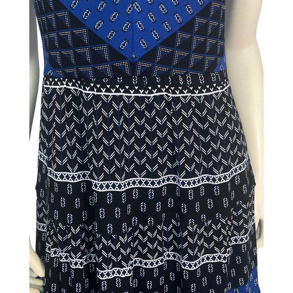 T Tahari Sz S Summer Tank Midi Dress Tiered Skirt Sheer Overlay Blue Scarf Print - Picture 6 of 10